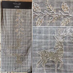 Rachel Zoe Beaded Reindeer Holly Table Runner Wool Blend Gray Plaid Silver 72"